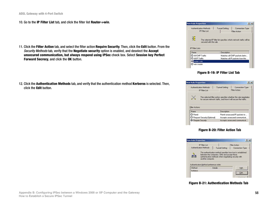 Linksys AG041 manual Figure B-19 IP Filter List Tab 