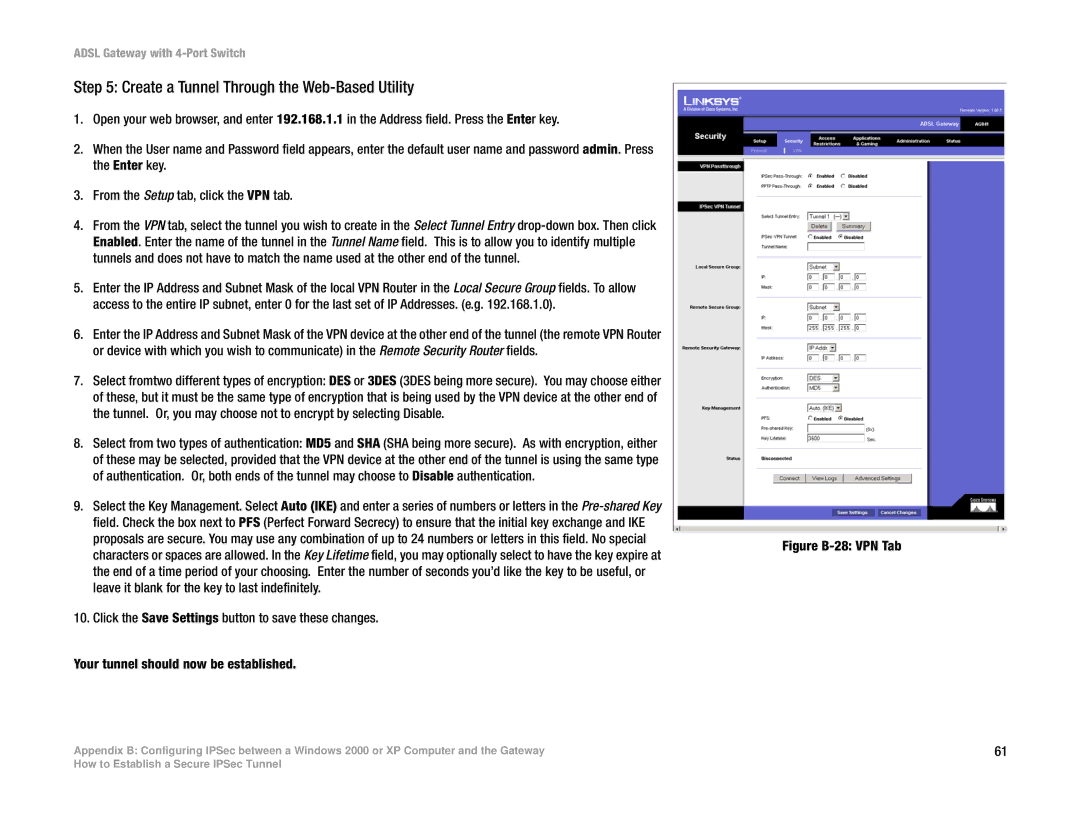 Linksys AG041 manual Create a Tunnel Through the Web-Based Utility, Figure B-28 VPN Tab 
