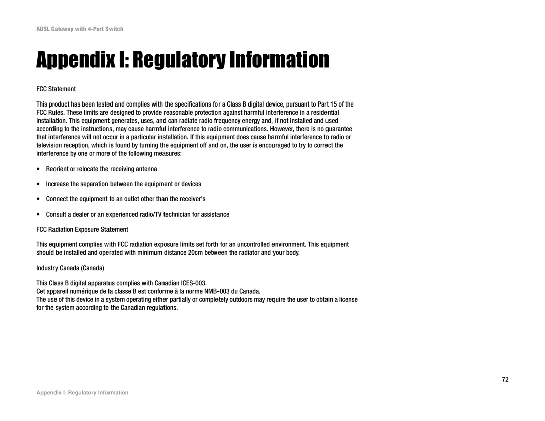 Linksys AG041 manual Appendix I Regulatory Information, FCC Statement 