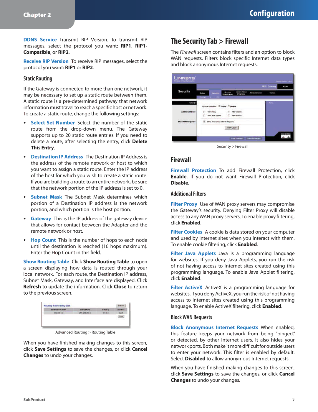 Linksys AG241 manual Security Tab Firewall, Static Routing, Additional Filters, Block WAN Requests 