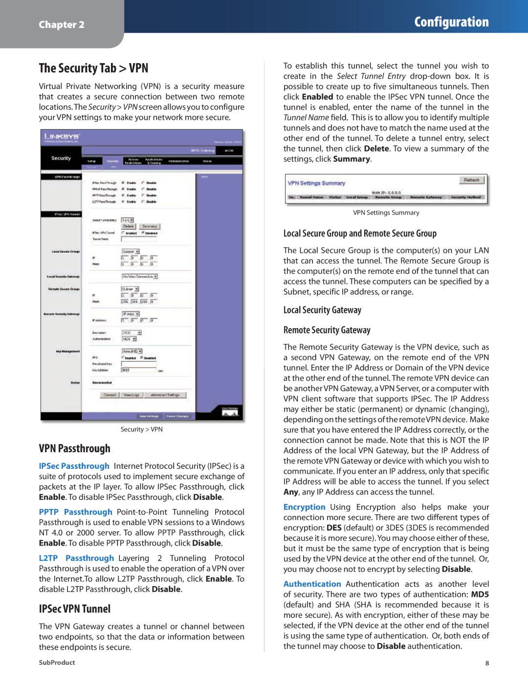 Linksys AG241 manual Security Tab VPN, VPN Passthrough, IPSec VPN Tunnel, Local Secure Group and Remote Secure Group 