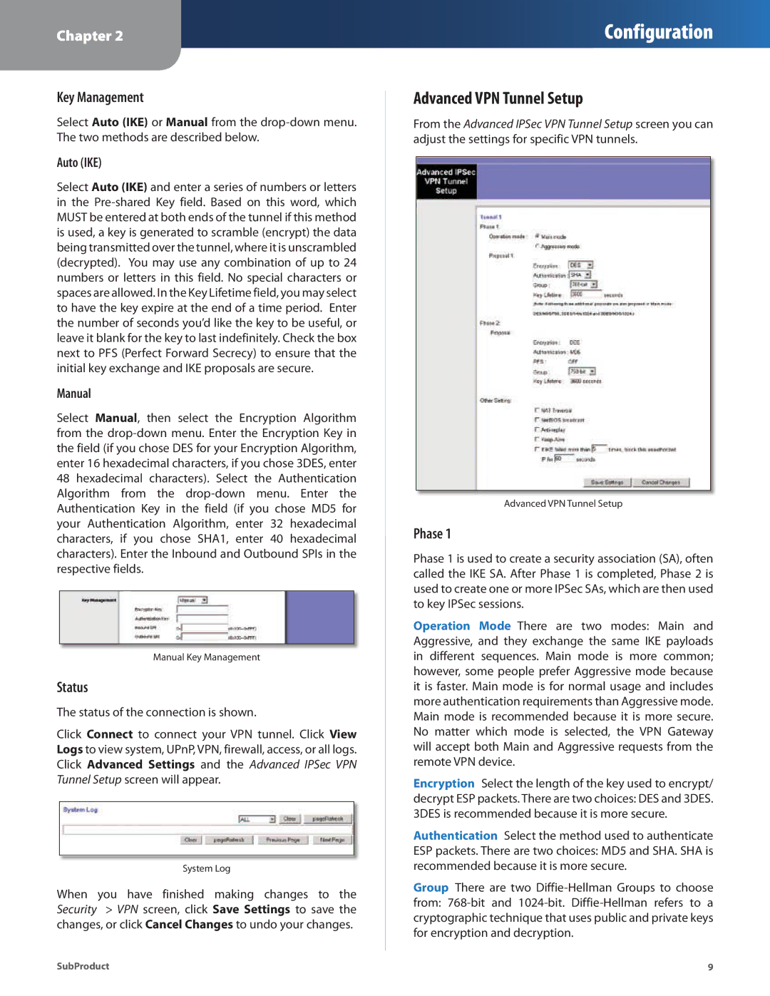 Linksys AG241 manual Advanced VPN Tunnel Setup, Key Management, Status, Phase 