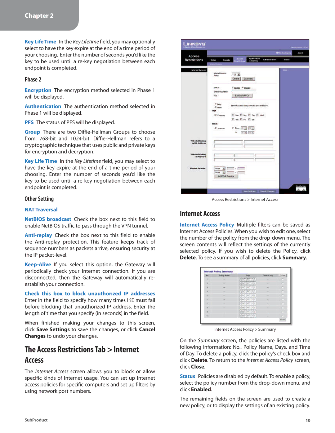 Linksys AG241 manual Access Restrictions Tab Internet Access, Other Setting 