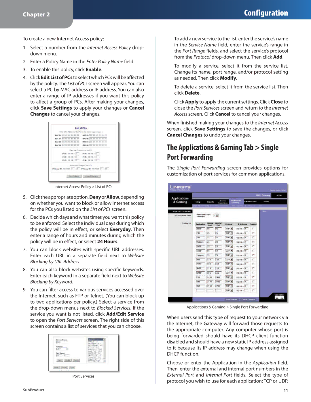 Linksys AG241 manual Applications & Gaming Tab Single Port Forwarding 