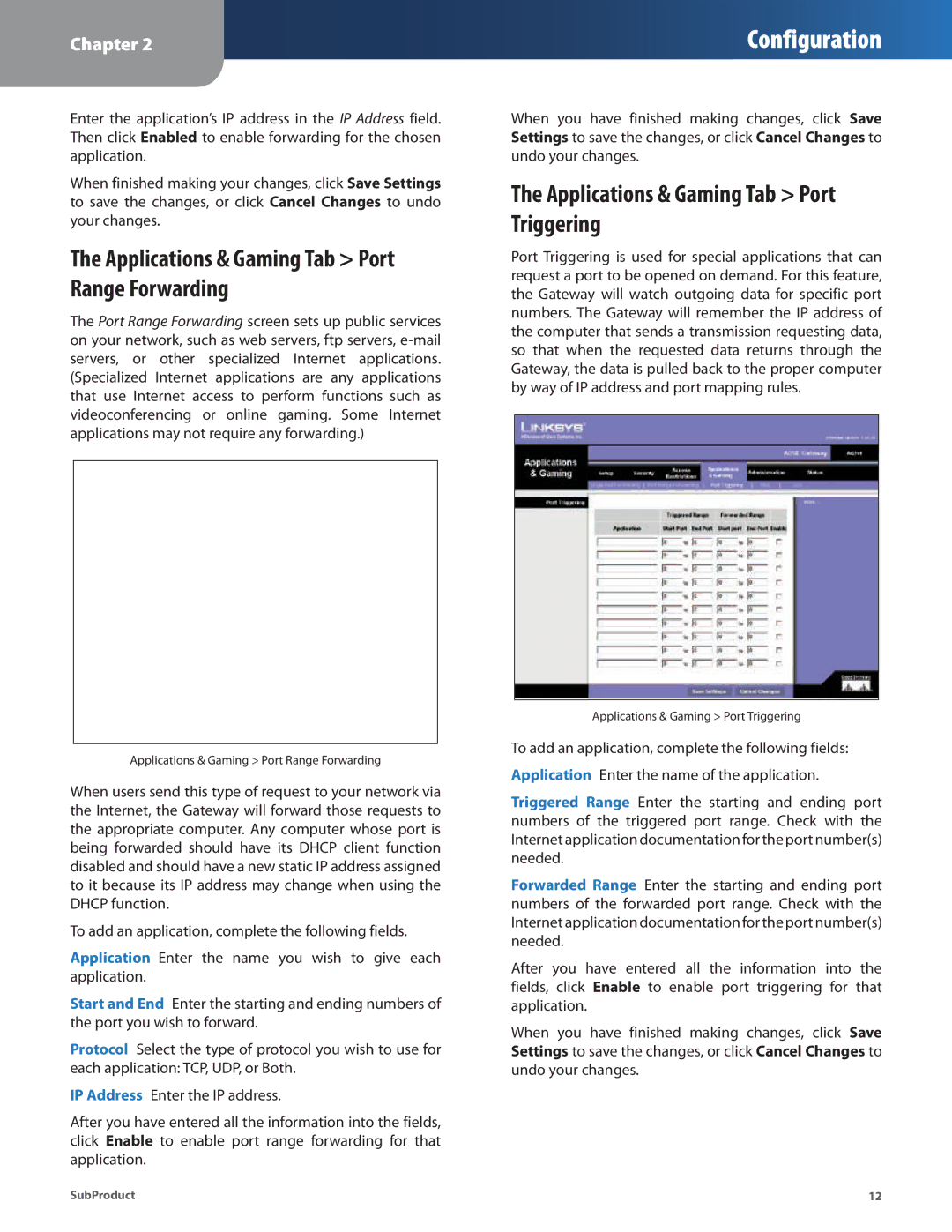 Linksys AG241 manual Applications & Gaming Tab Port Triggering, Applications & Gaming Tab Port Range Forwarding 