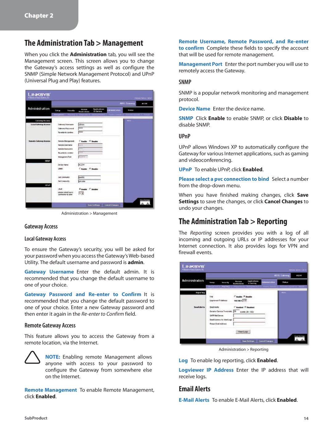 Linksys AG241 manual Administration Tab Reporting, Email Alerts, Remote Gateway Access, UPnP 