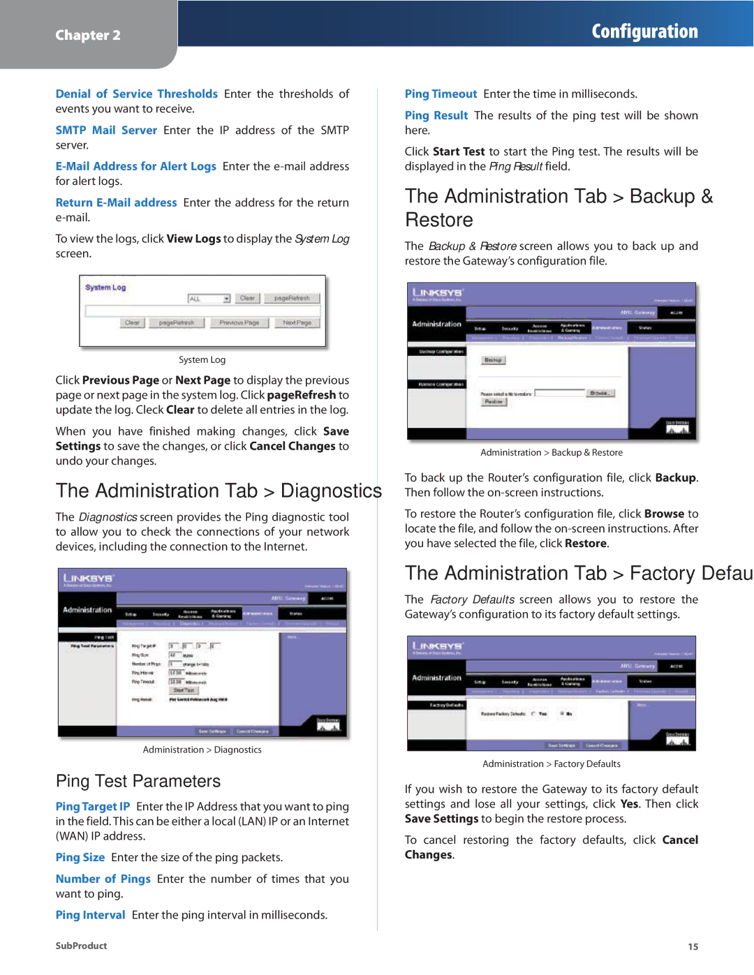 Linksys AG241 manual Administration Tab Diagnostics, Administration Tab Backup & Restore, Ping Test Parameters 