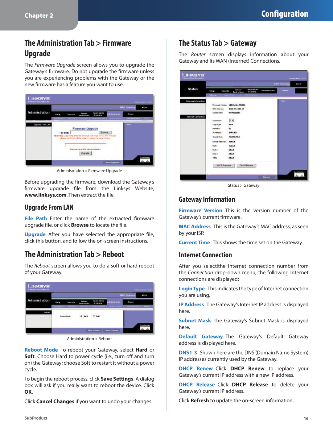 Linksys AG241 manual Administration Tab Firmware Upgrade, Administration Tab Reboot, Status Tab Gateway 