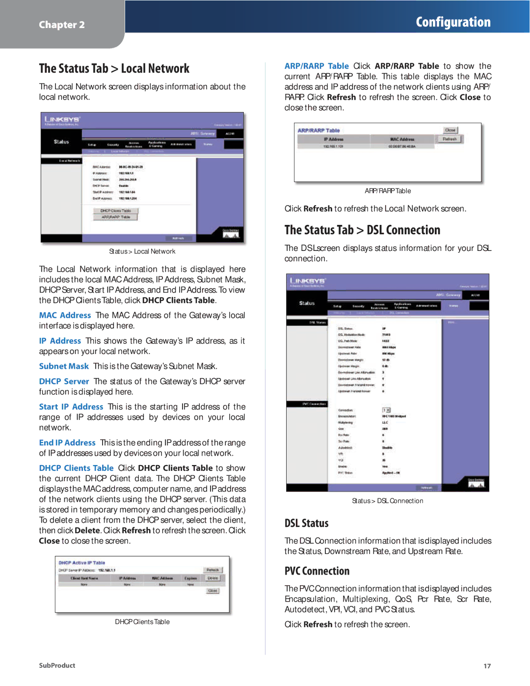 Linksys AG241 manual Status Tab Local Network, Status Tab DSL Connection, DSL Status, PVC Connection 