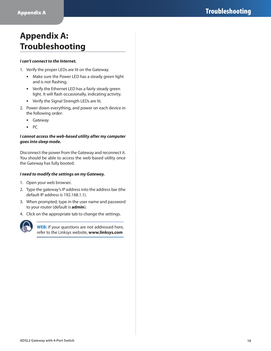 Linksys AG241 manual Appendix a Troubleshooting 