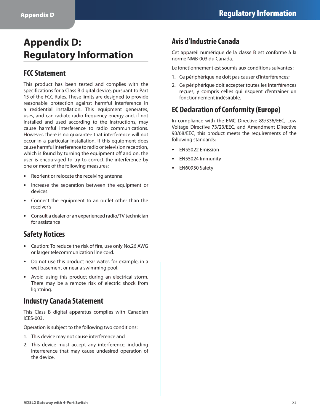 Linksys AG241 manual FCC Statement, Safety Notices, Industry Canada Statement, Avis d’Industrie Canada 