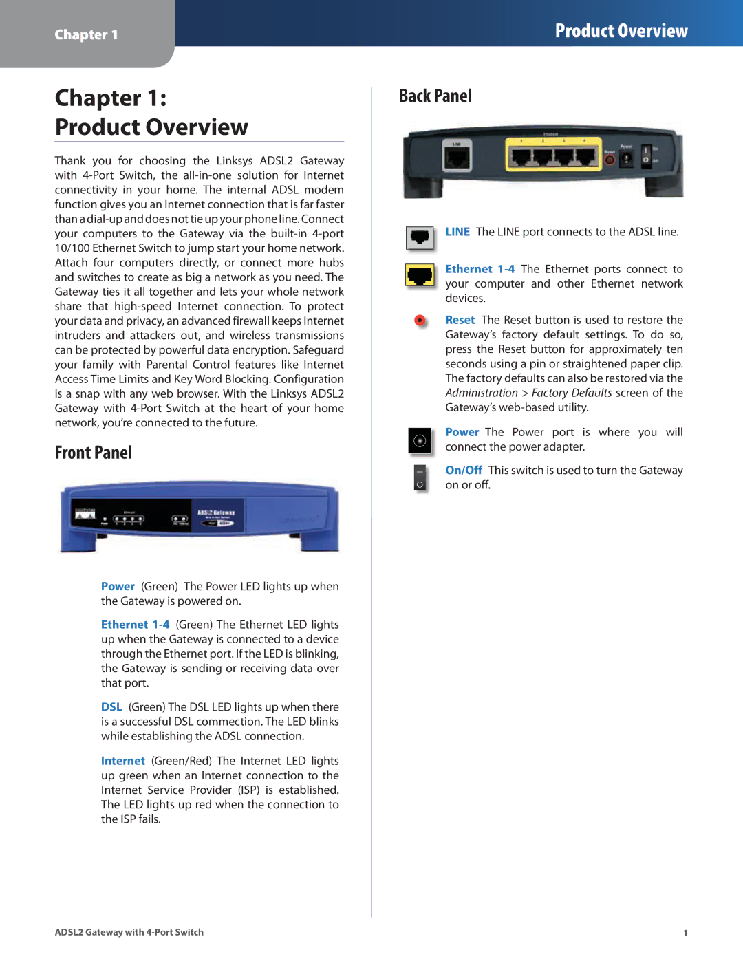 Linksys AG241 manual Front Panel, Back Panel 