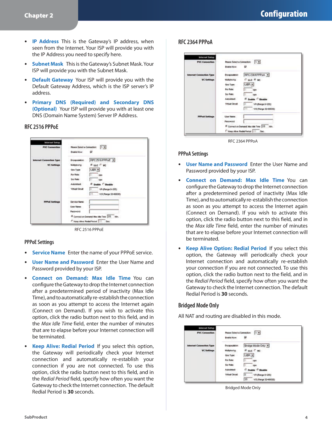 Linksys AG241 manual RFC 2516 PPPoE, RFC 2364 PPPoA, Bridged Mode Only, PPPoE Settings, PPPoA Settings 