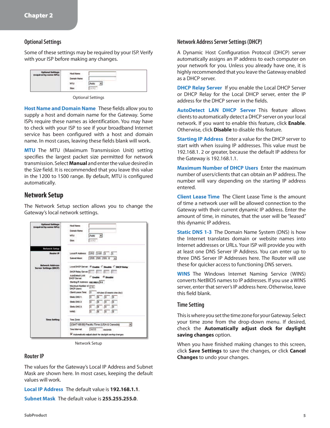 Linksys AG241 manual Network Setup, Optional Settings, Router IP, Network Address Server Settings Dhcp, Time Setting 