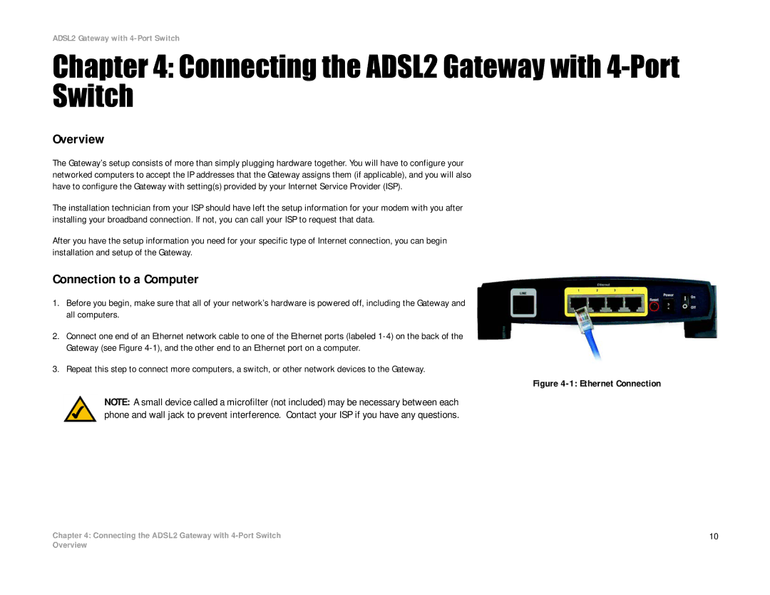 Linksys AG241 manual Connecting the ADSL2 Gateway with 4-Port Switch, Overview, Connection to a Computer 