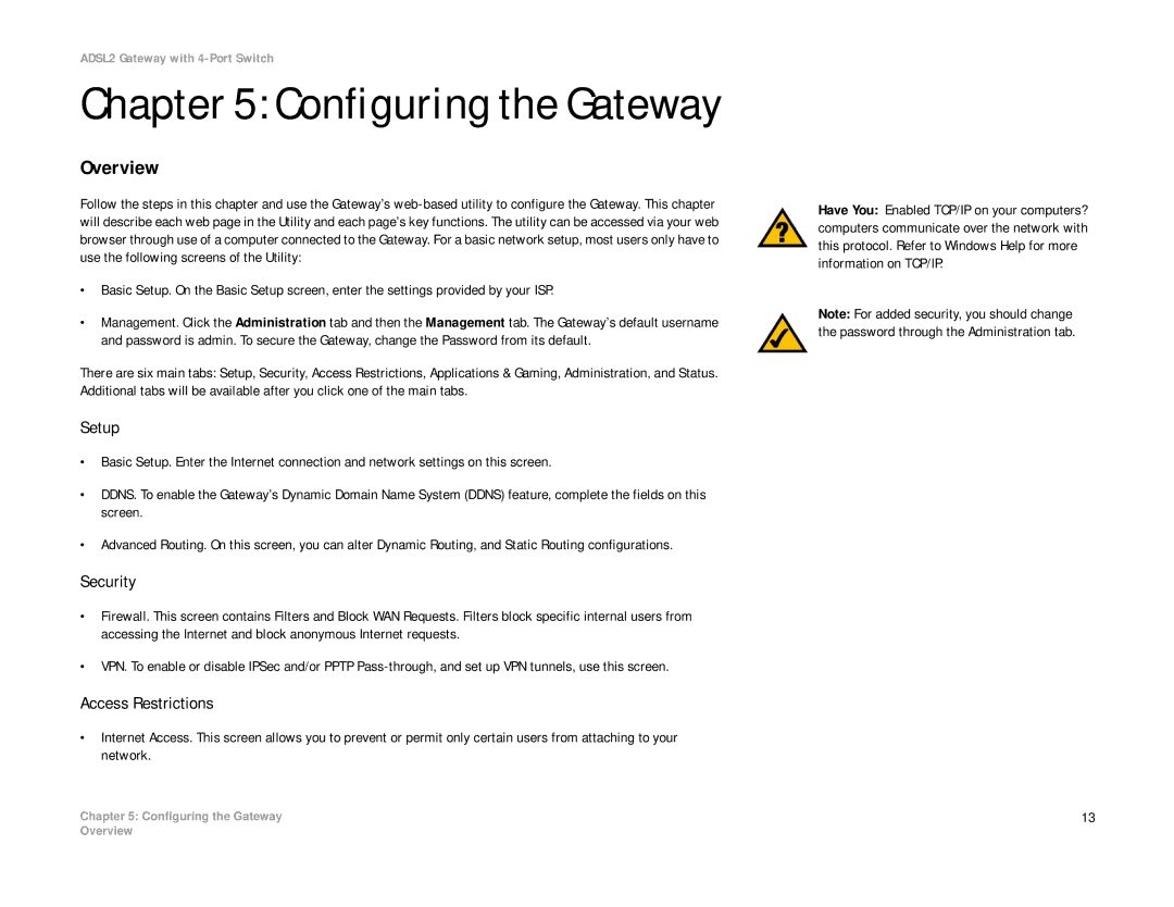 Linksys AG241 manual Configuring the Gateway, Setup, Security, Access Restrictions 