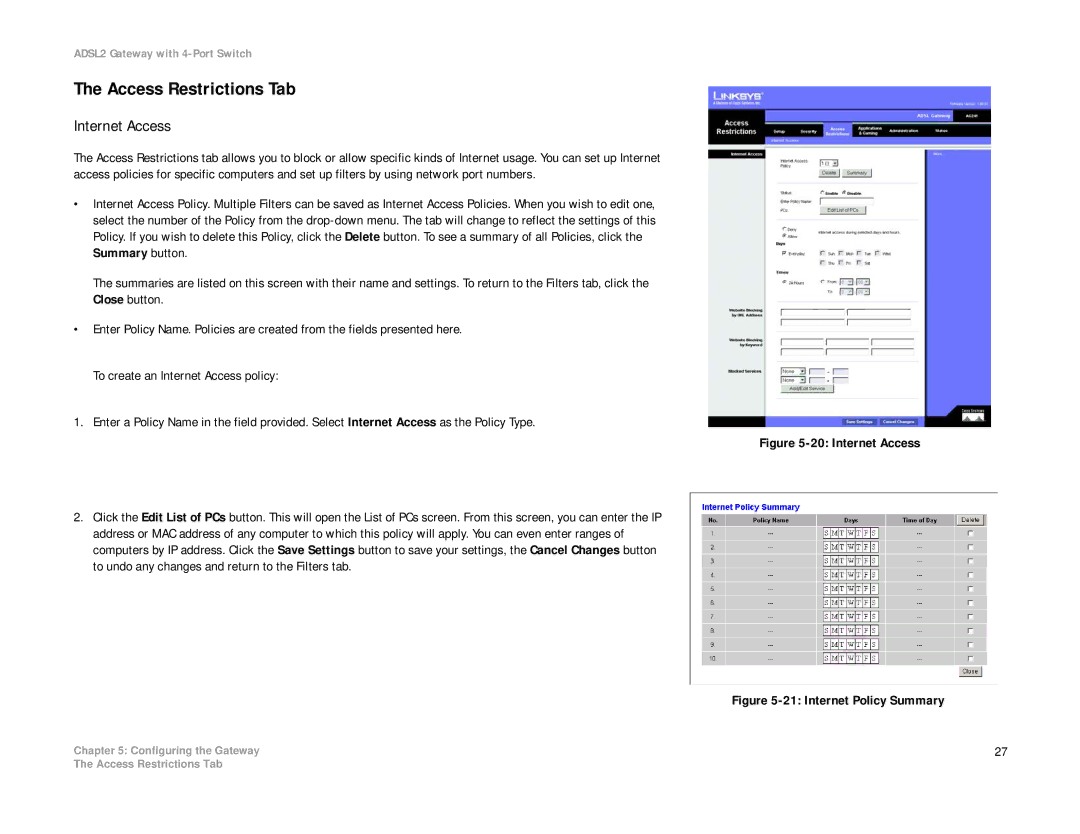 Linksys AG241 manual Access Restrictions Tab, Internet Access 