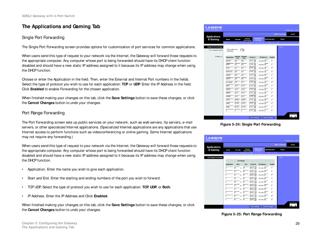 Linksys AG241 manual Applications and Gaming Tab, Single Port Forwarding, Port Range Forwarding 