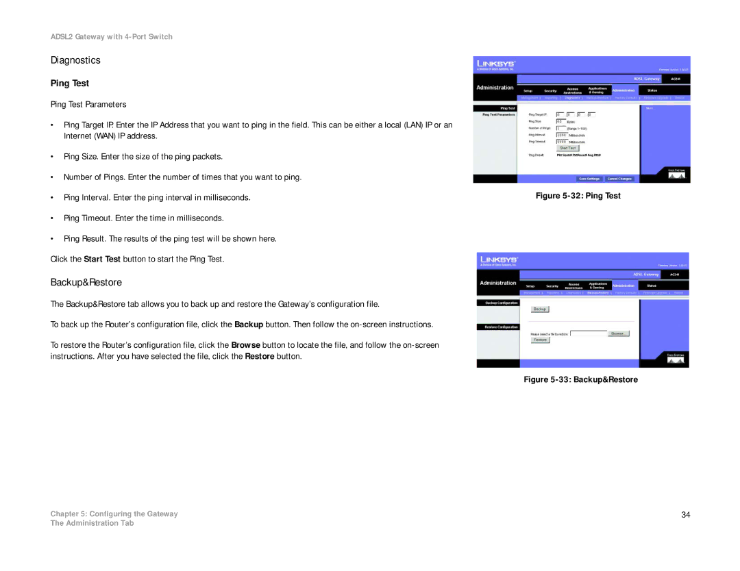 Linksys AG241 manual Diagnostics, Backup&Restore, Ping Test 