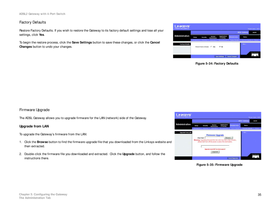 Linksys AG241 manual Factory Defaults, Firmware Upgrade, Upgrade from LAN 