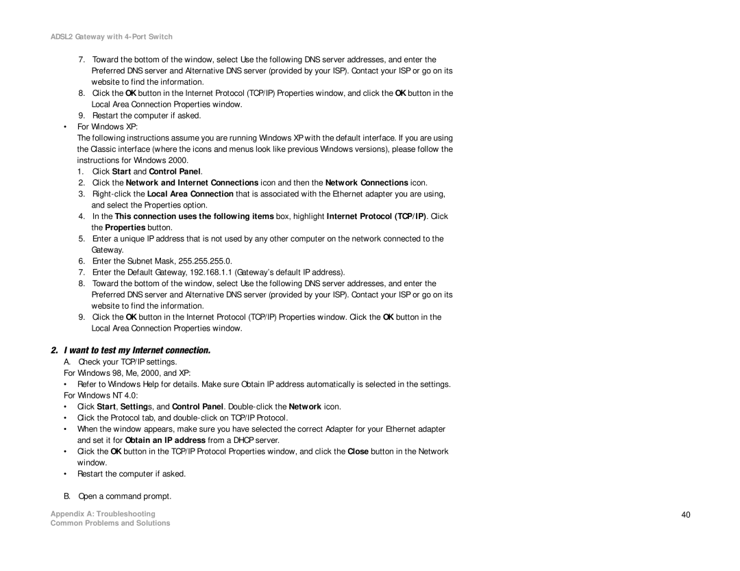 Linksys AG241 manual Want to test my Internet connection 