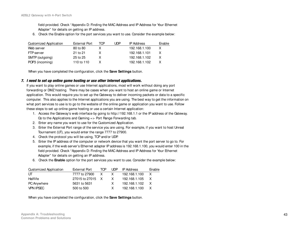 Linksys AG241 manual Tcp Udp 