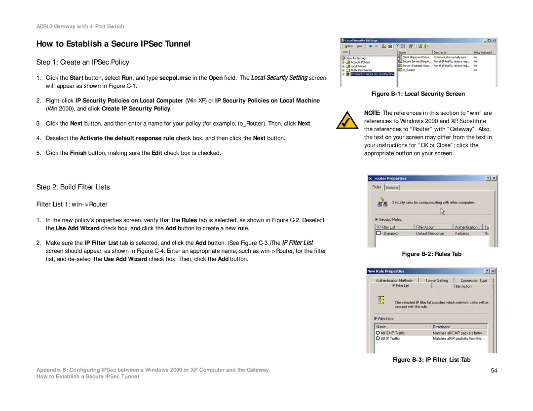 Linksys AG241 How to Establish a Secure IPSec Tunnel, Create an IPSec Policy, Build Filter Lists, Filter List 1 win-Router 