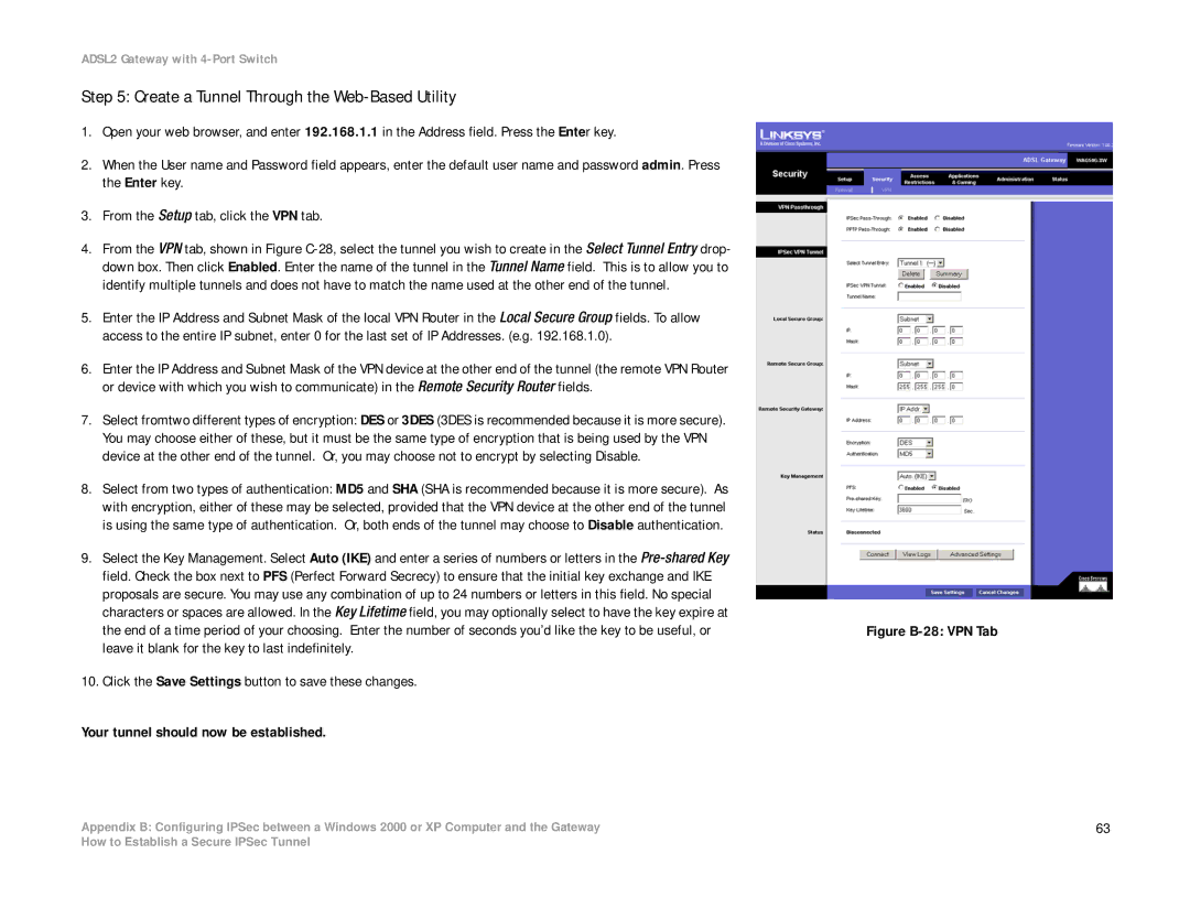 Linksys AG241 manual Create a Tunnel Through the Web-Based Utility, Figure B-28 VPN Tab 