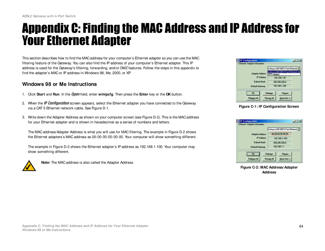 Linksys AG241 manual Windows 98 or Me Instructions, Figure C-1 IP Configuration Screen 