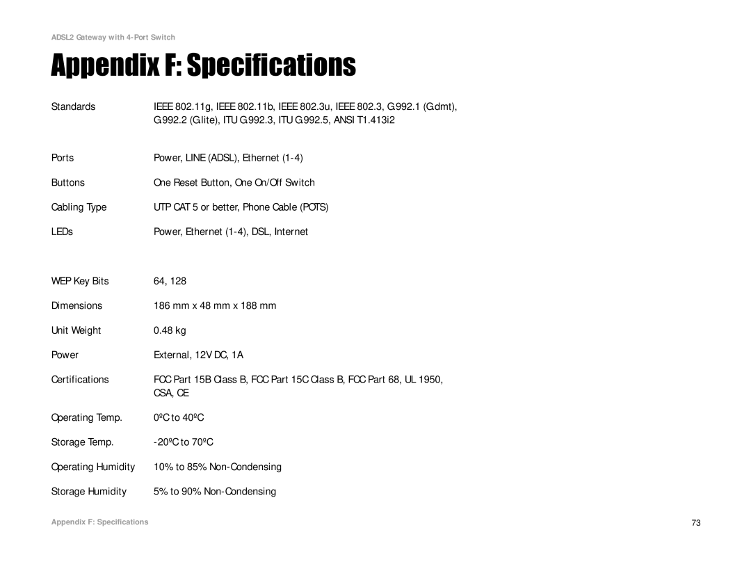 Linksys AG241 manual Appendix F Specifications 