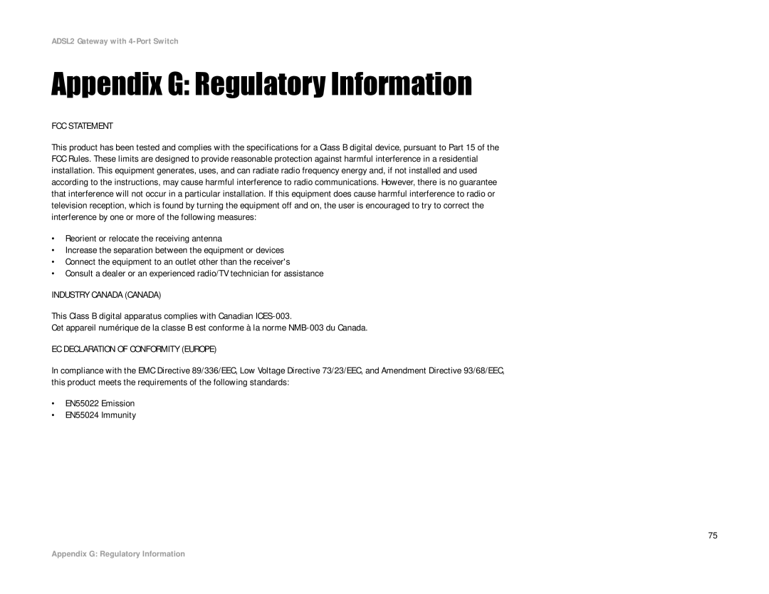 Linksys AG241 manual Appendix G Regulatory Information, FCC Statement 