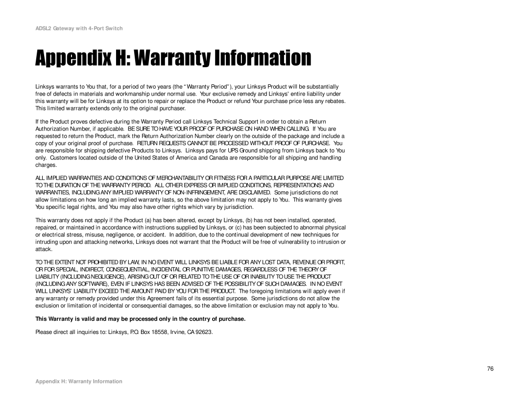 Linksys AG241 manual Appendix H Warranty Information 