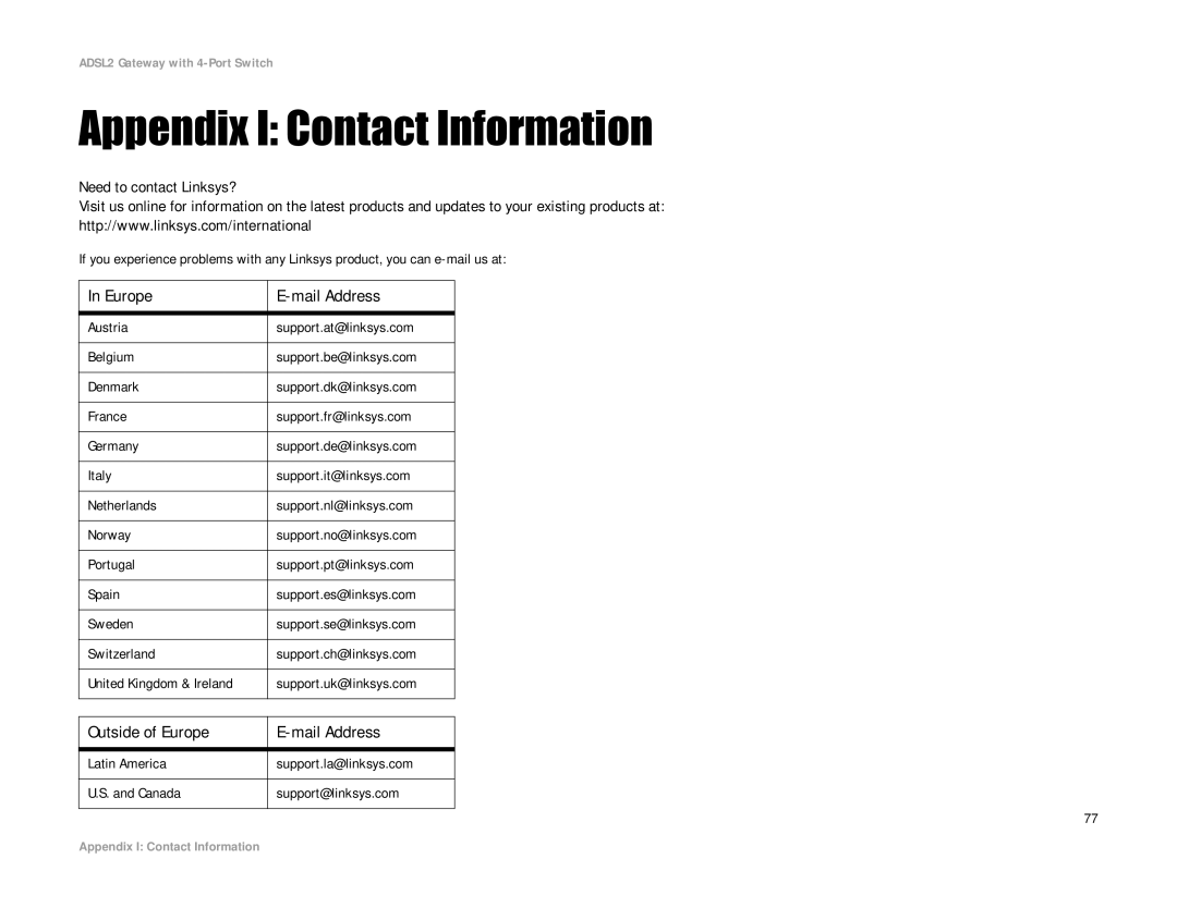 Linksys AG241 manual Appendix I Contact Information, Outside of Europe Mail Address 