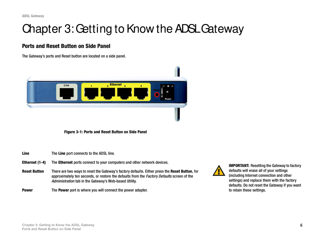 Linksys AG300 manual Getting to Know the Adsl Gateway, Ports and Reset Button on Side Panel 