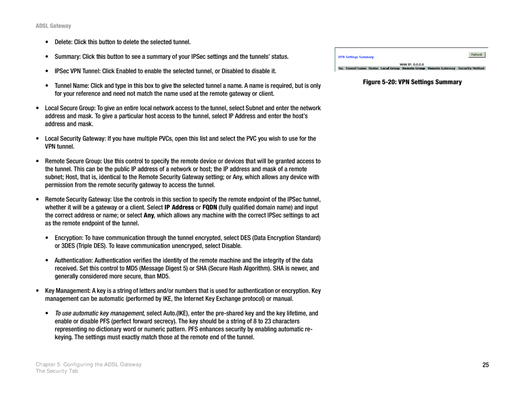 Linksys AG300 manual VPN Settings Summary 