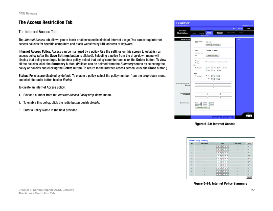 Linksys AG300 manual Access Restriction Tab, Internet Access Tab 