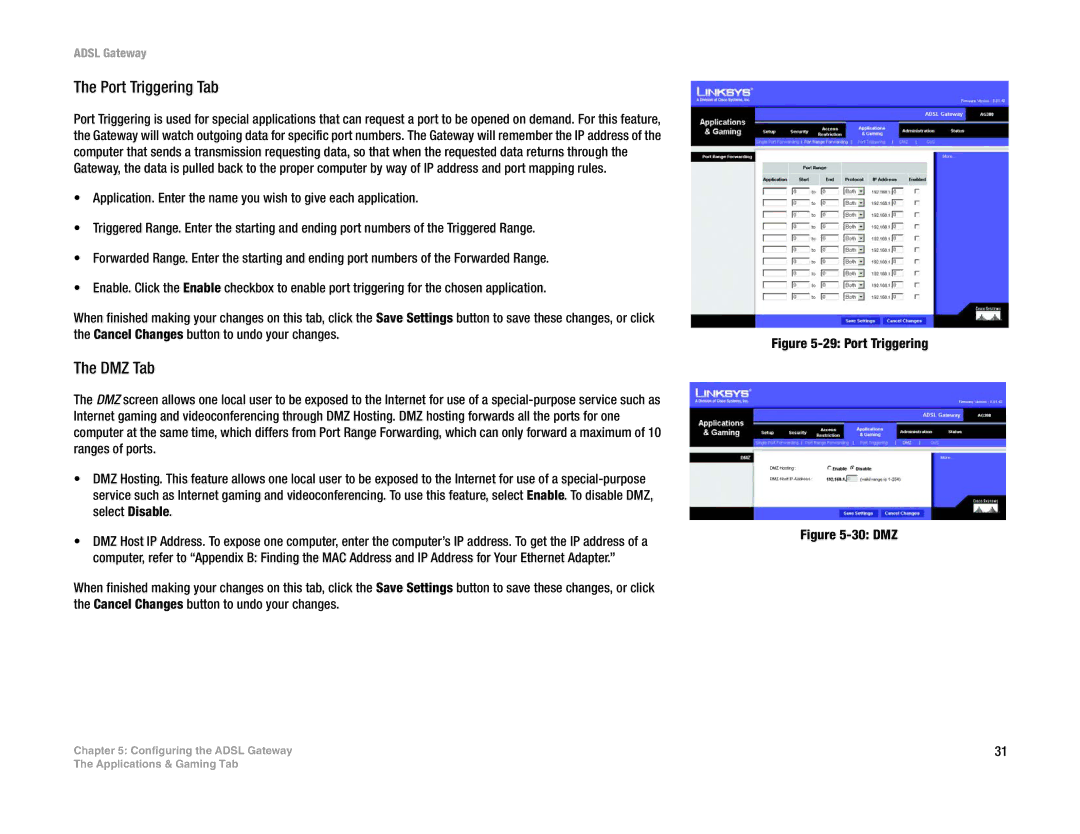 Linksys AG300 manual Port Triggering Tab, DMZ Tab 