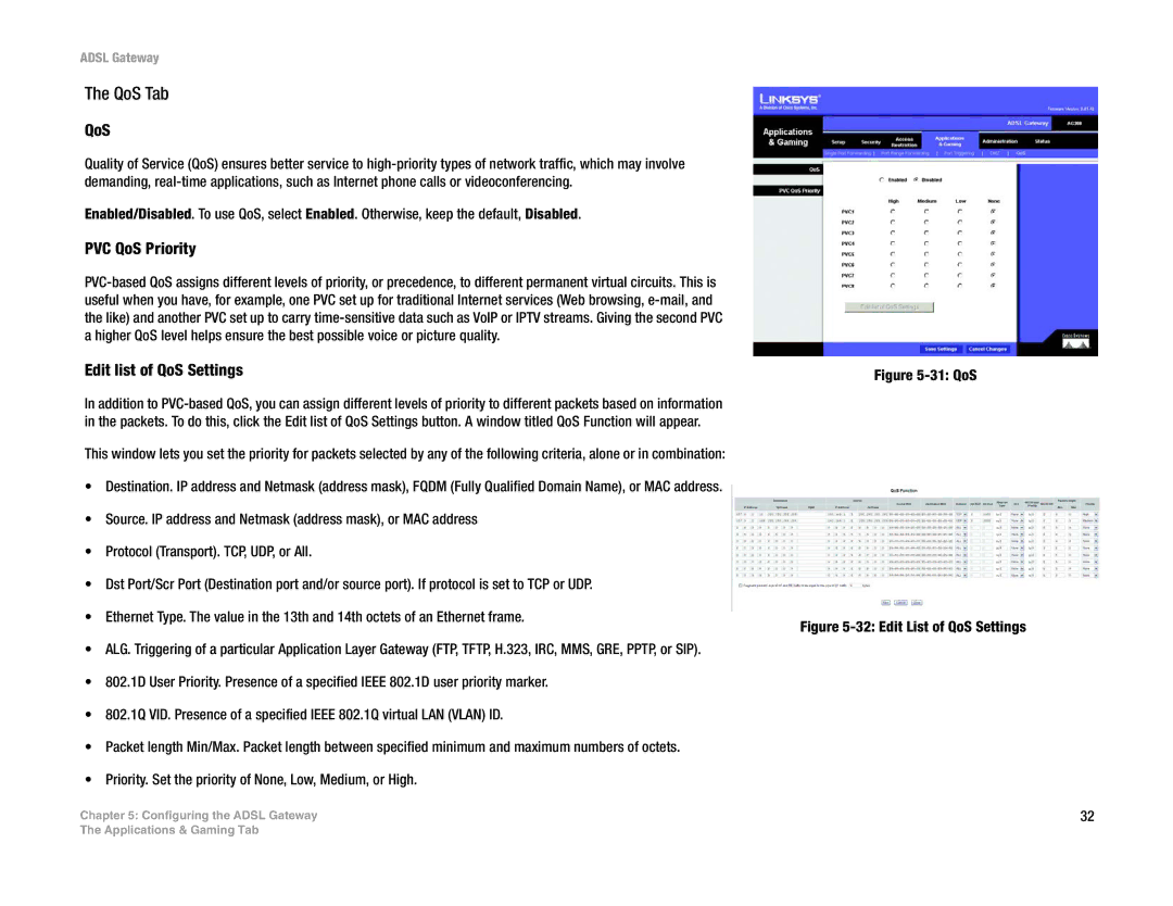 Linksys AG300 manual QoS Tab, PVC QoS Priority, Edit list of QoS Settings 