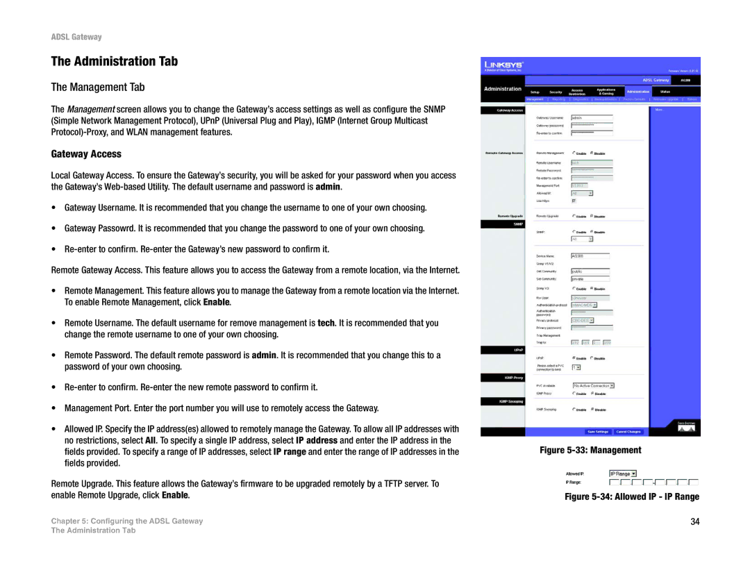 Linksys AG300 manual Administration Tab, Management Tab, Gateway Access 