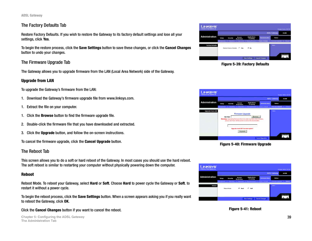 Linksys AG300 manual Factory Defaults Tab, Firmware Upgrade Tab, Reboot Tab, Upgrade from LAN 