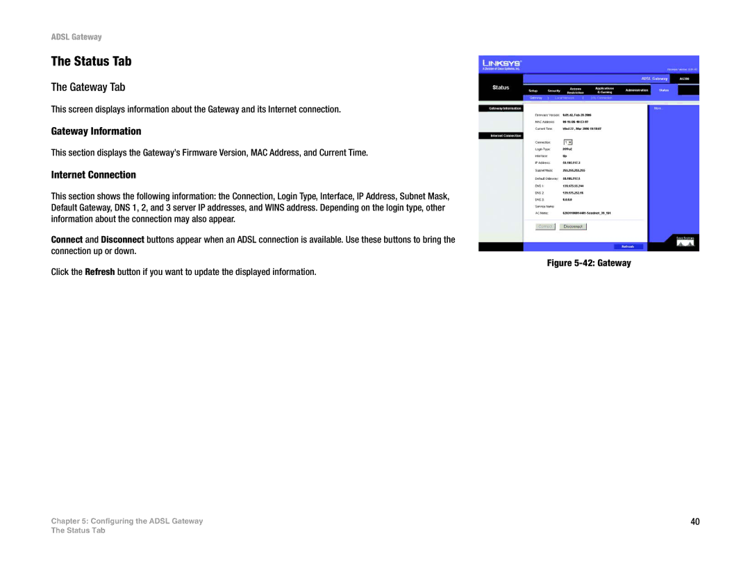 Linksys AG300 manual Status Tab, Gateway Tab, Gateway Information, Internet Connection 