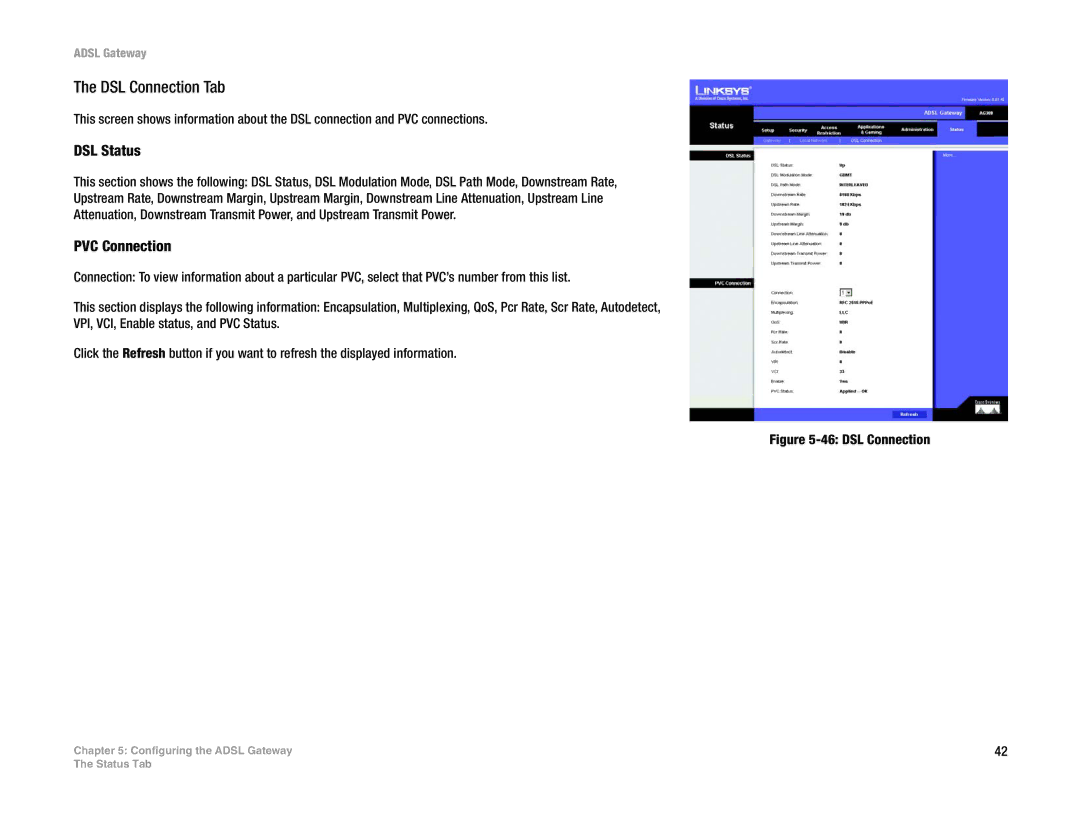 Linksys AG300 manual DSL Connection Tab, DSL Status, PVC Connection 