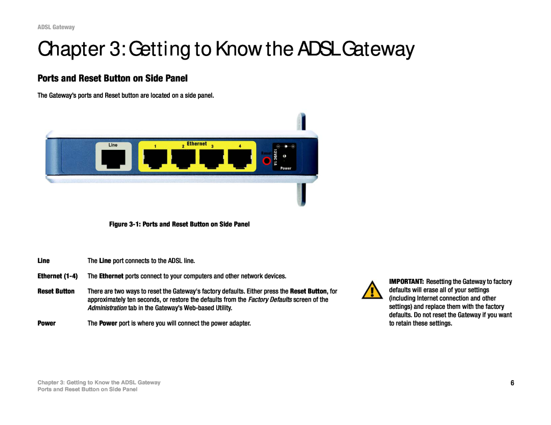 Linksys AG300 manual Getting to Know the ADSL Gateway, Ports and Reset Button on Side Panel 