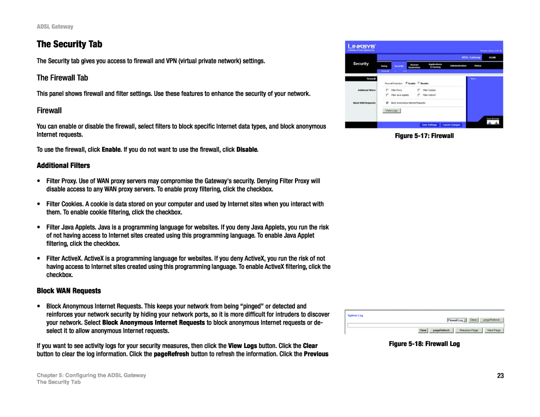 Linksys AG300 manual The Security Tab, The Firewall Tab, Additional Filters, Block WAN Requests 
