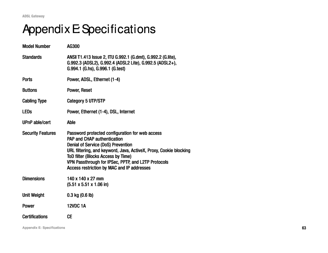 Linksys AG300 manual Appendix E Specifications 