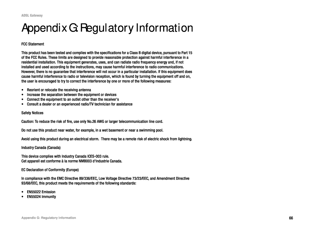 Linksys AG300 manual Appendix G Regulatory Information 