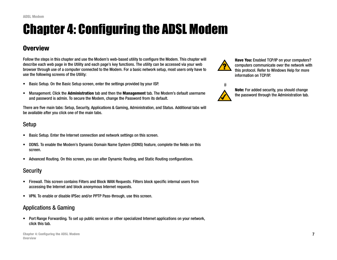 Linksys AM200 manual Configuring the Adsl Modem, Setup, Security, Applications & Gaming 