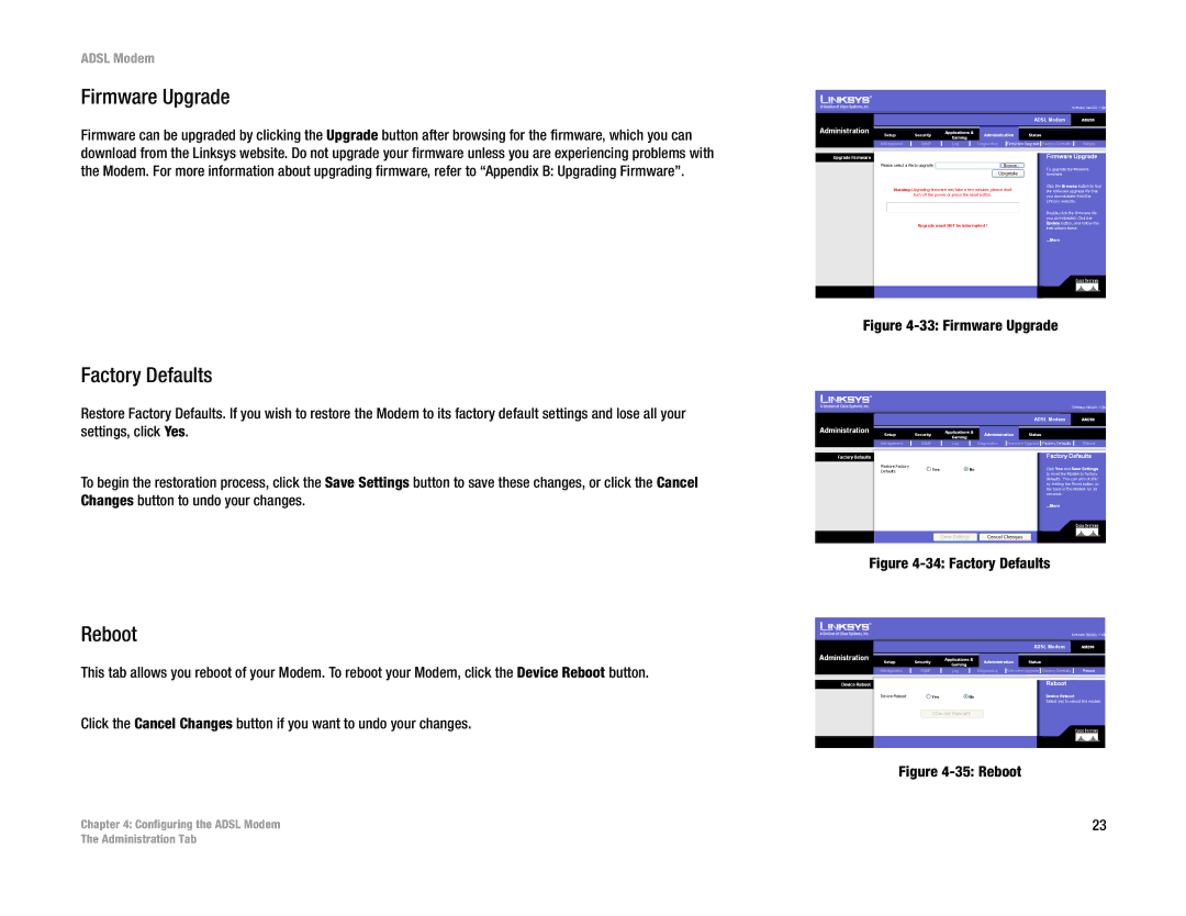 Linksys AM200 manual Firmware Upgrade, Factory Defaults, Reboot 