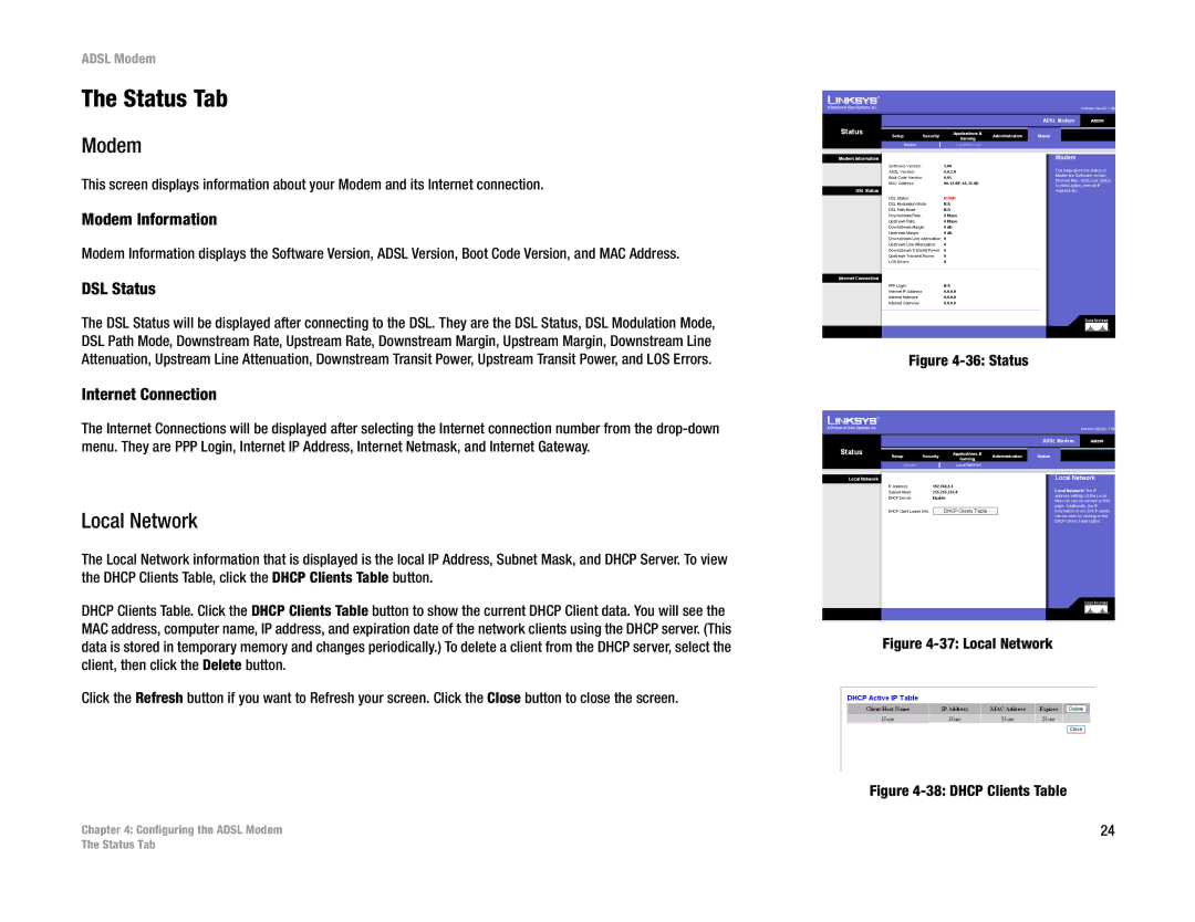 Linksys AM200 manual Local Network, Modem Information, DSL Status, Internet Connection 