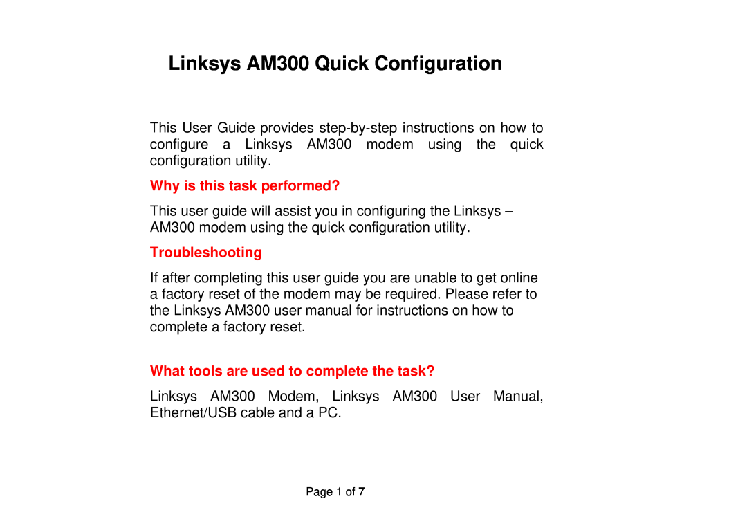 Linksys user manual Linksys AM300 Quick Configuration, Why is this task performed?, Troubleshooting 